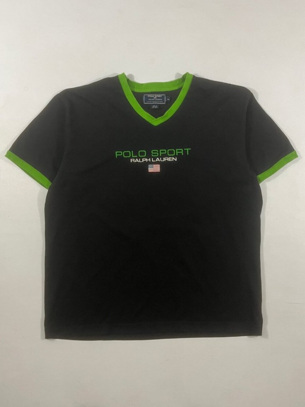 Vintage Y2K Polo Sport Ralph Lauren Black Green V-Neck Ringer Tee XXL